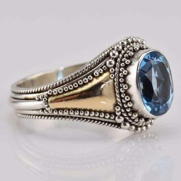 SUARTI BALI BA Sterling Silver & 18K Gold 2.5CT Blue Topaz Ring Dotted Size 8.75 - Picture 2 of 5
